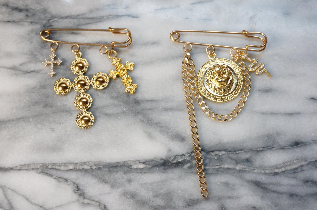 Oversized safety pin Lion / Sword / Cross