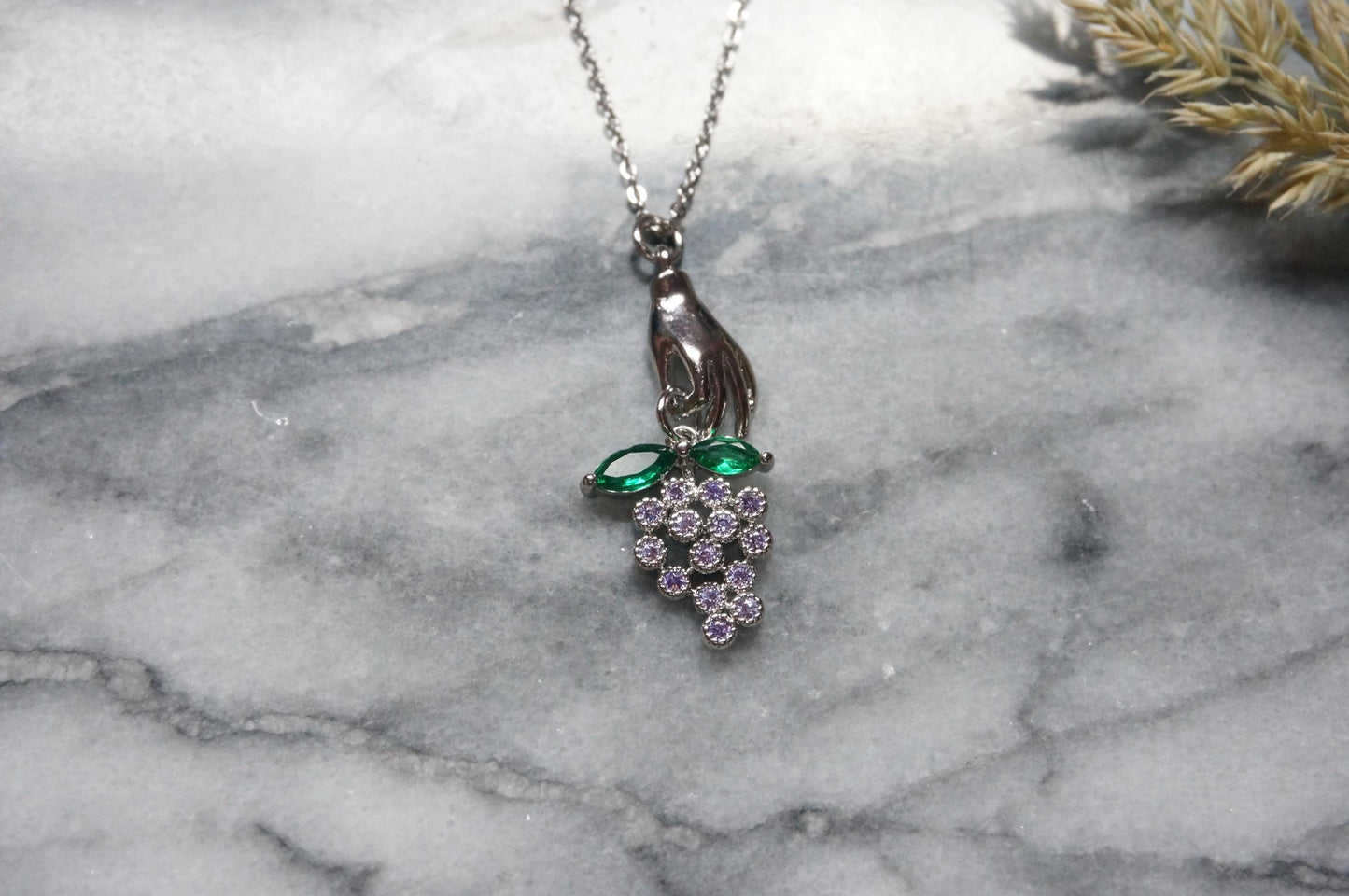 BACCHUS Hand Holding Grapes Necklace