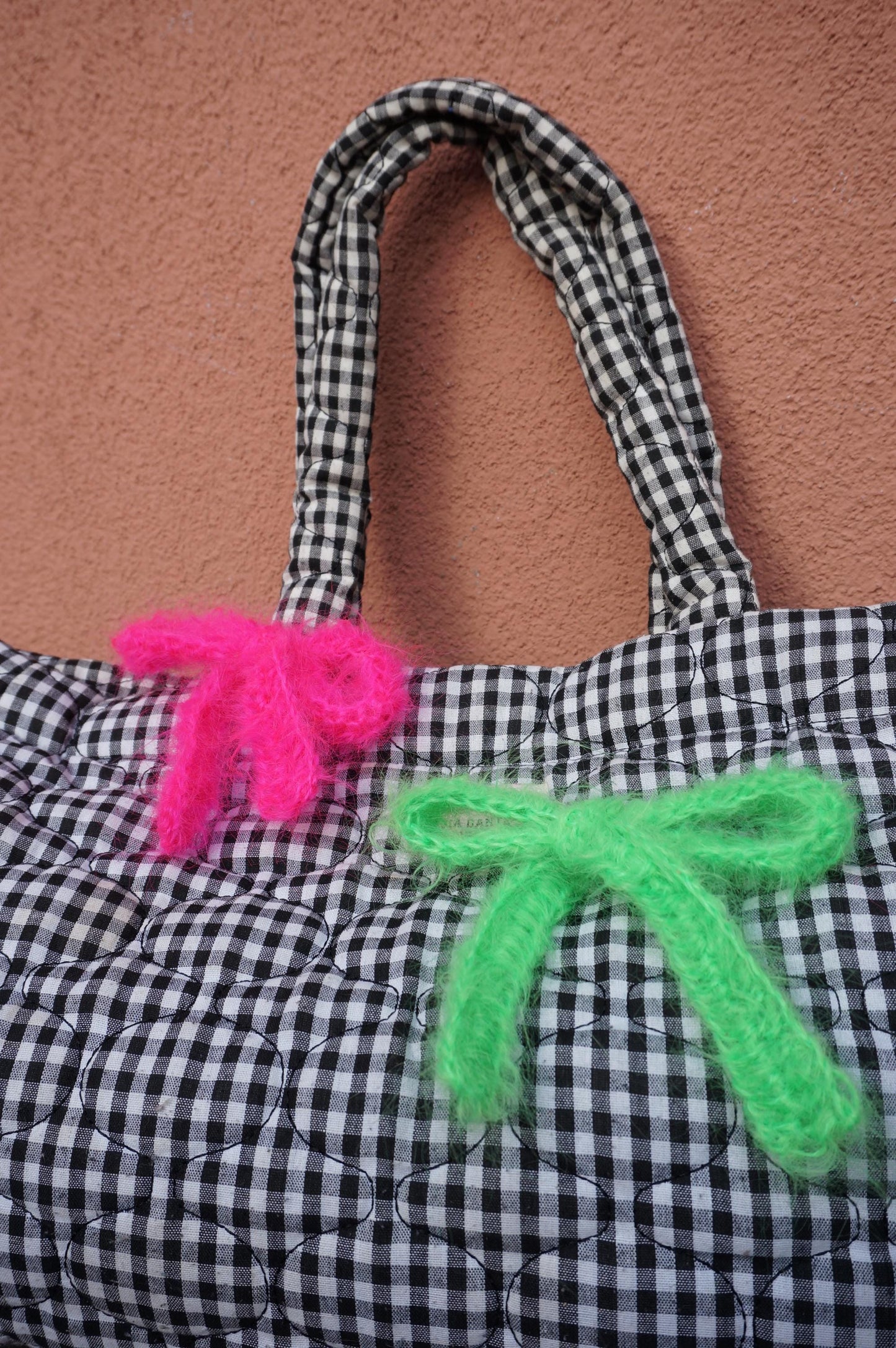 Neon Pink/Green Fluffy Mohair Crochet Bow Pin/KeyRing