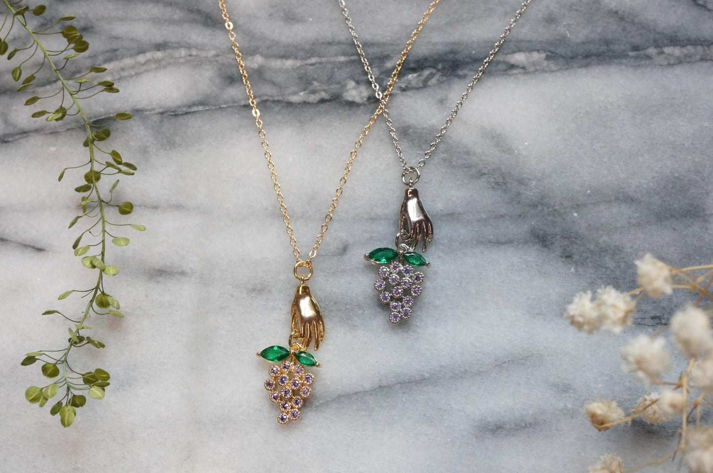 BACCHUS Hand Holding Grapes Necklace