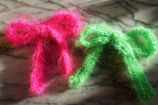 Neon Pink/Green Fluffy Mohair Crochet Bow Pin/KeyRing