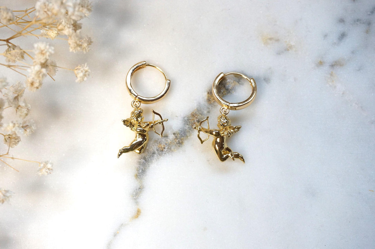 CUPID 18k Gold Plated Cherub Angel Chunky Huggies/ Hoop Earrings