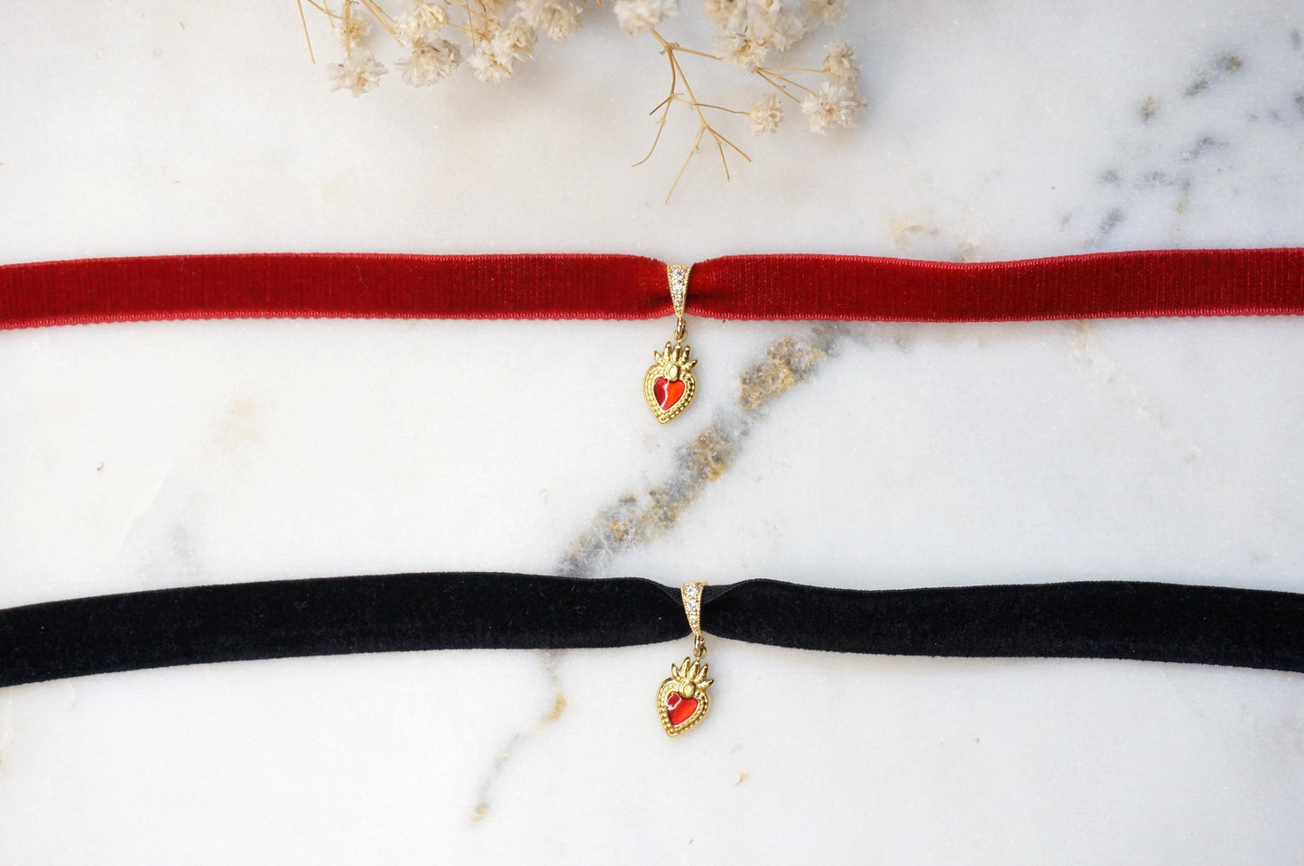 Gold Winged Sacred Heart / Dainty Sacred Heart Velvet Choker