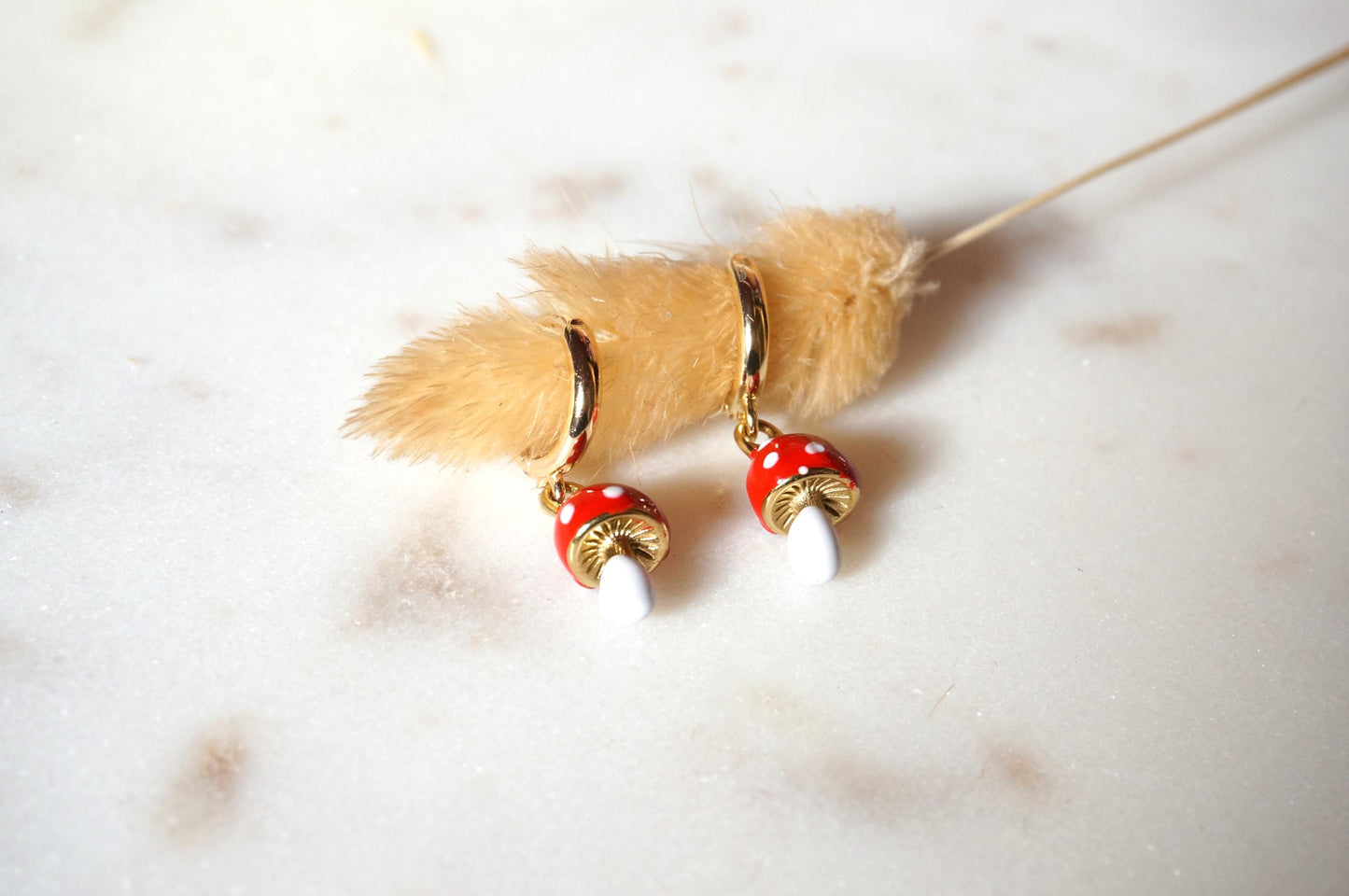 Dainty Red Mushroom Huggies/ Fly Agaric Fungi Gold Hoop Earrings