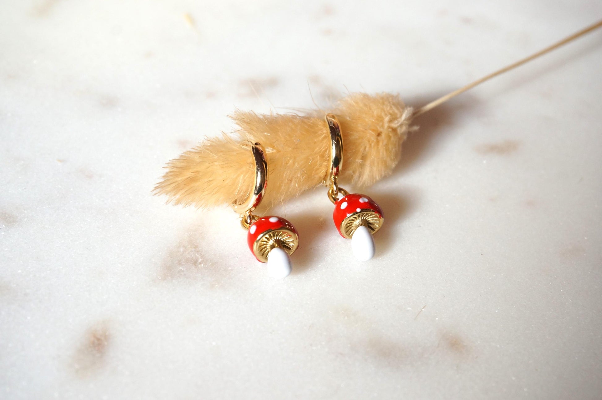 Dainty Red Mushroom Huggies/ Fly Agaric Fungi Gold Hoop Earrings
