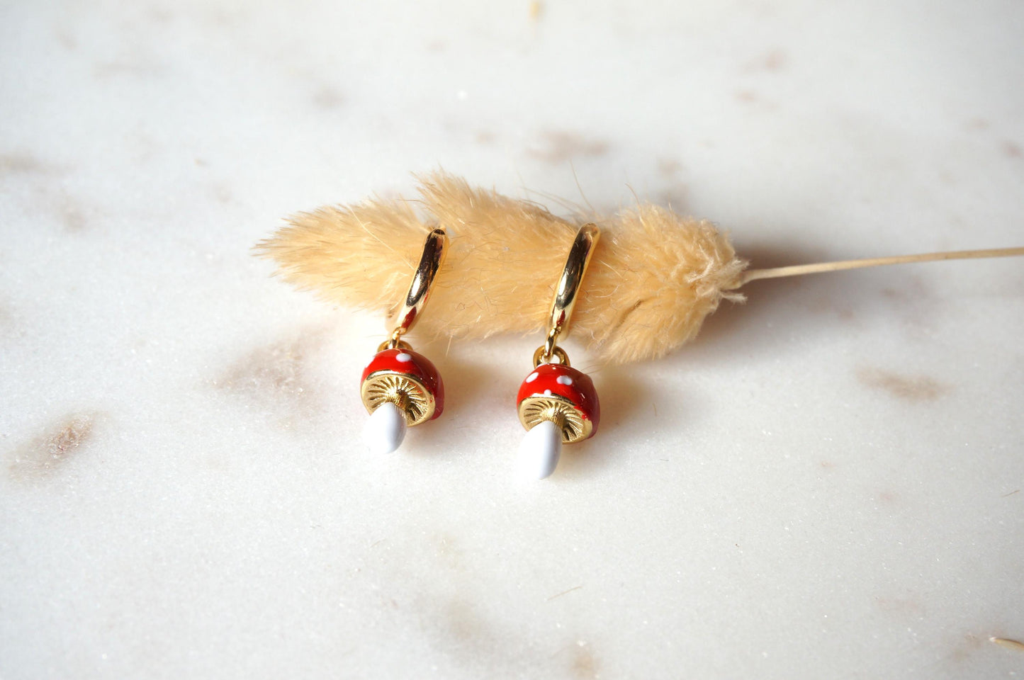 Dainty Red Mushroom Huggies/ Fly Agaric Fungi Gold Hoop Earrings