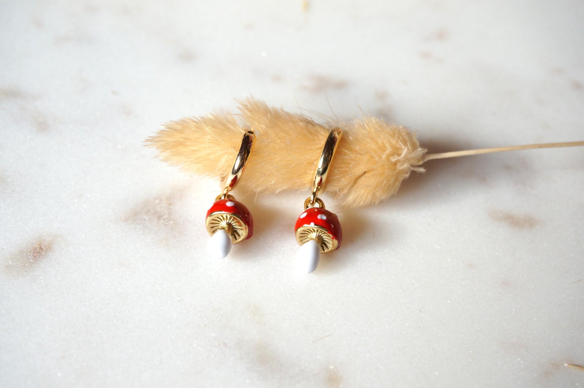 Dainty Red Mushroom Huggies/ Fly Agaric Fungi Gold Hoop Earrings