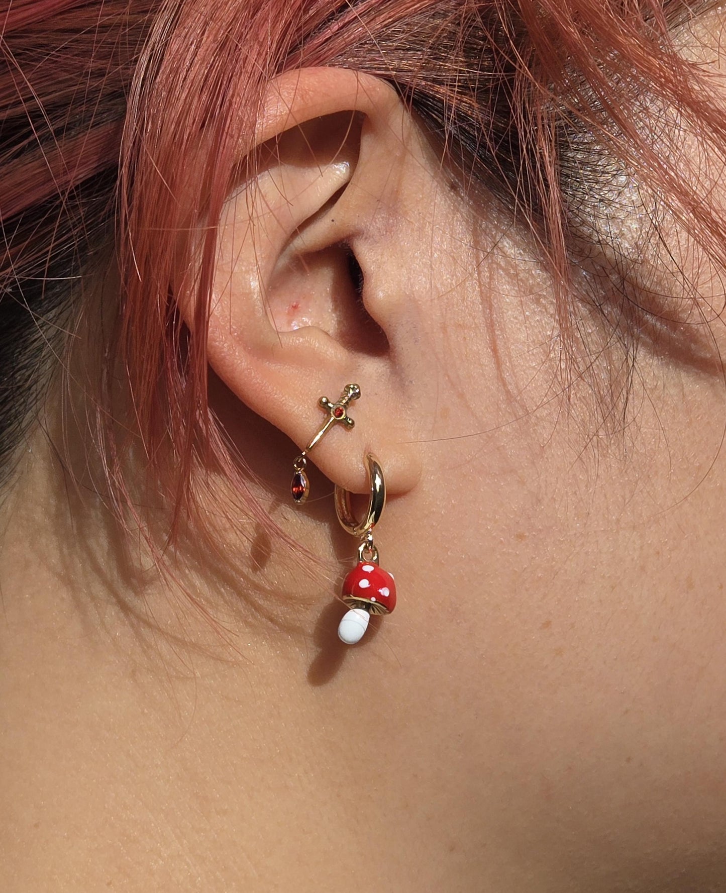 Dainty Red Mushroom Huggies/ Fly Agaric Fungi Gold Hoop Earrings