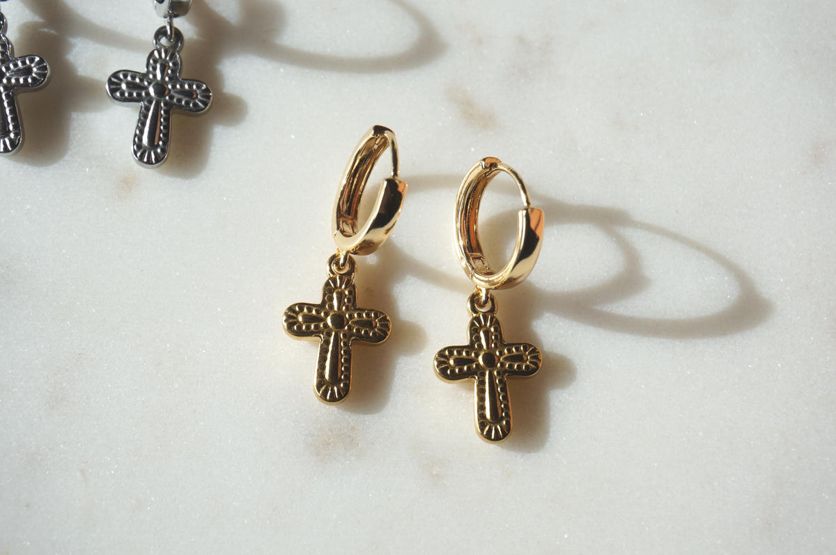 Gold/Silver Chunky Gold Cross Huggies / Hoop Earrings