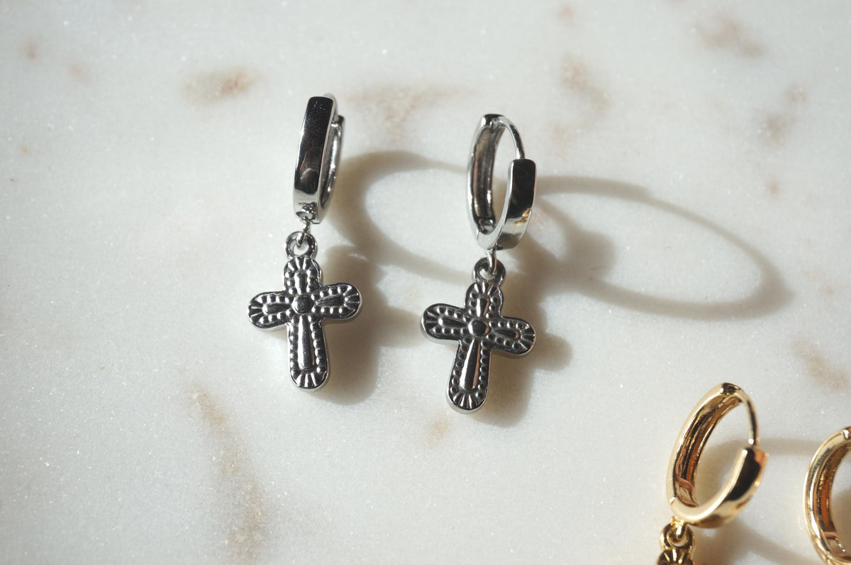 Gold/Silver Chunky Gold Cross Huggies / Hoop Earrings