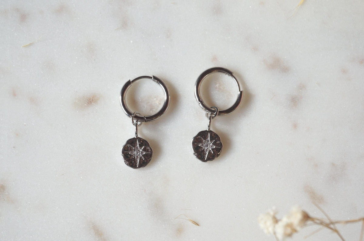 24k Gold /Silver North Star Medallion Hoop Earrings