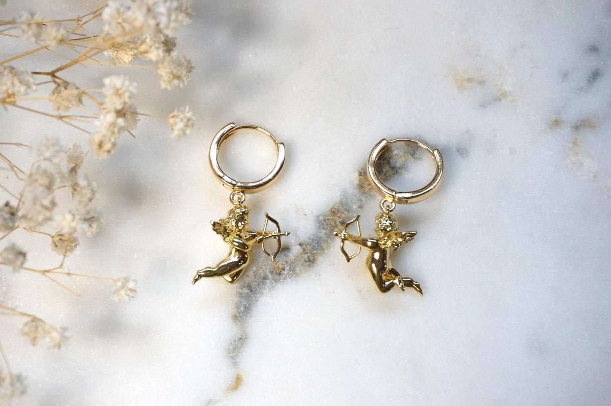CUPID 18k Gold Plated Cherub Angel Chunky Huggies/ Hoop Earrings