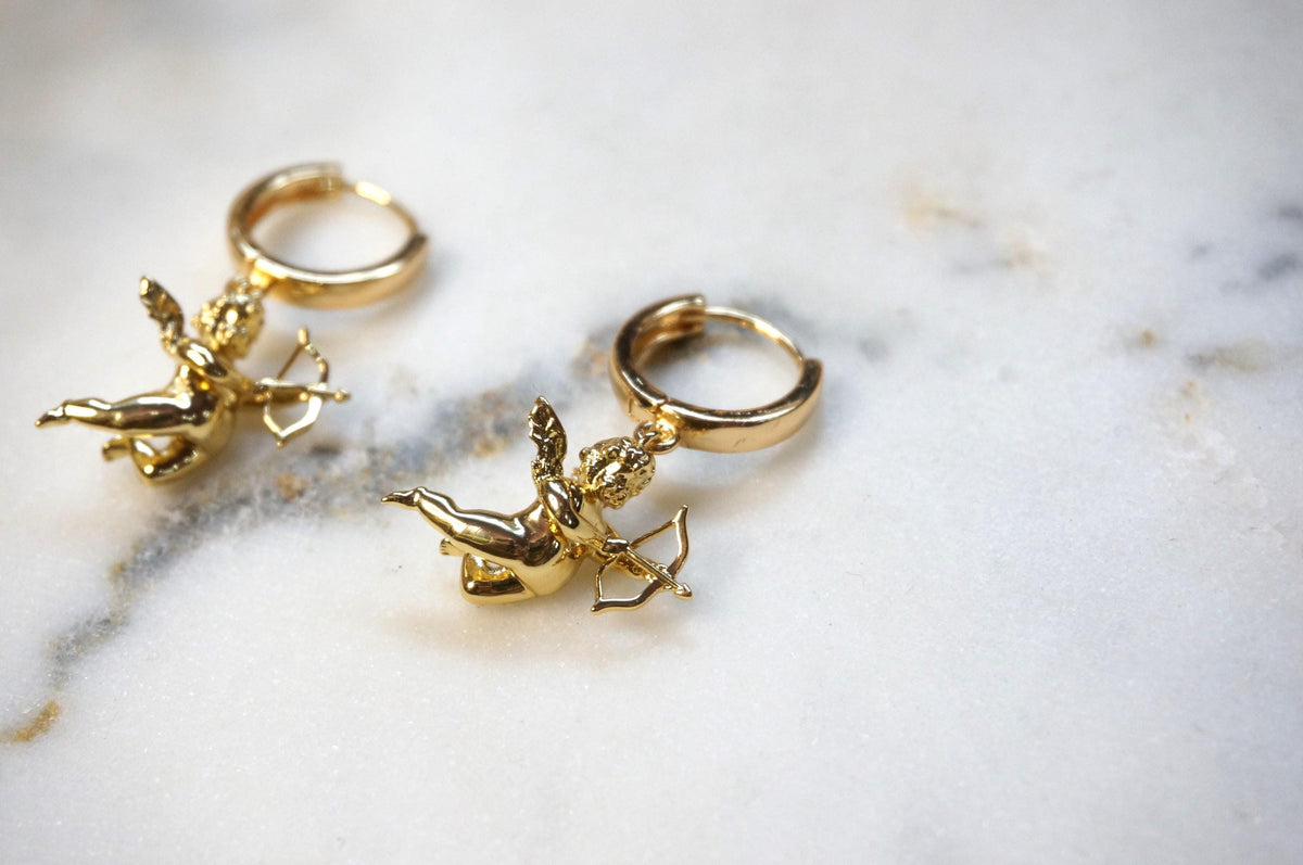 CUPID 18k Gold Plated Cherub Angel Chunky Huggies/ Hoop Earrings