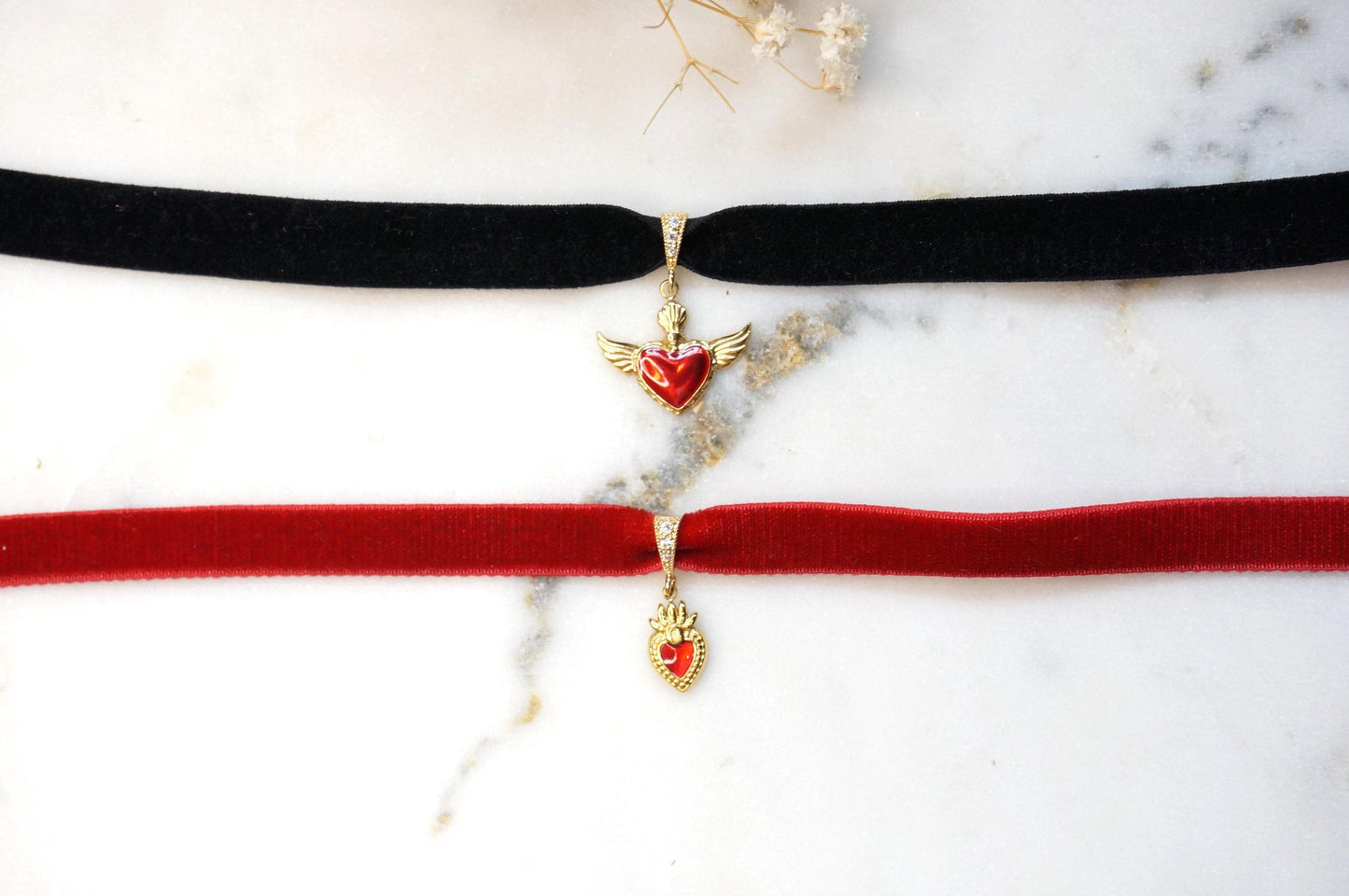 Gold Winged Sacred Heart / Dainty Sacred Heart Velvet Choker