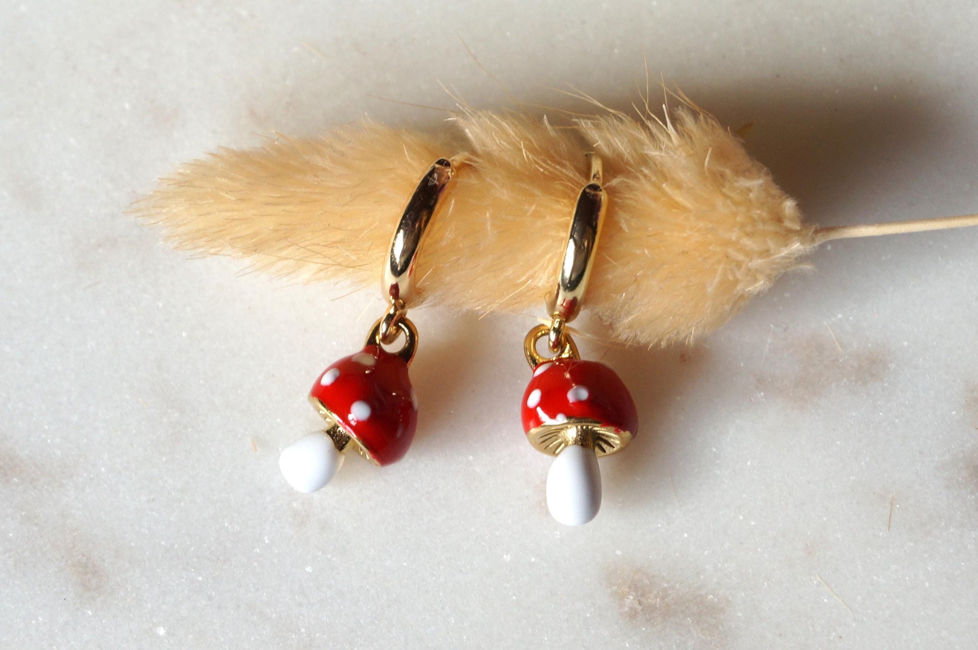 Dainty Red Mushroom Huggies/ Fly Agaric Fungi Gold Hoop Earrings