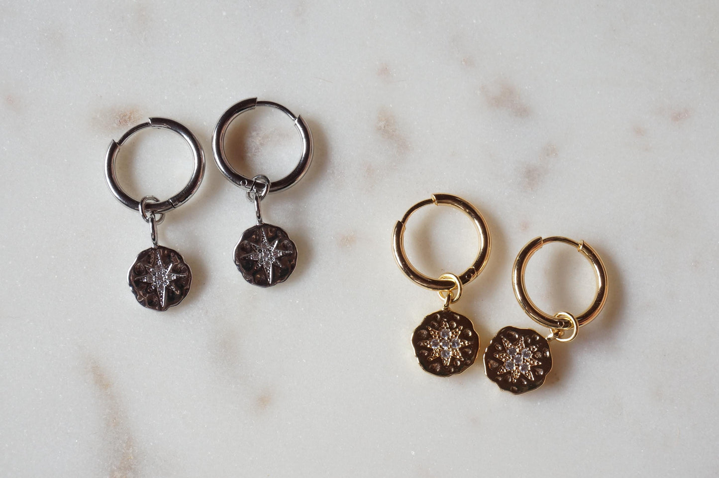 24k Gold Plated North Star Medallion Hoop Earrings