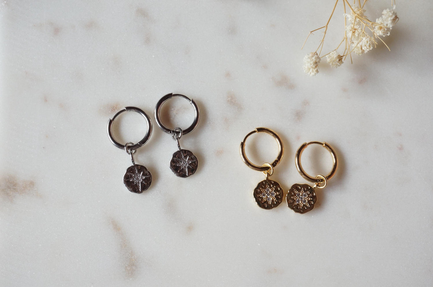 24k Gold Plated North Star Medallion Hoop Earrings