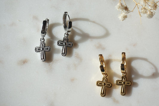Gold/Silver Chunky Gold Cross Huggies / Hoop Earrings