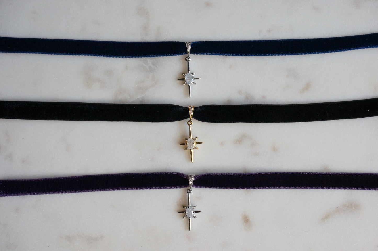 North Star Moonstone and Black / Deep Blue Stretch Velvet Choker/ Black