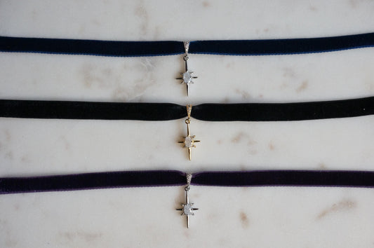 North Star Moonstone and Black / Deep Blue Stretch Velvet Choker/ Black