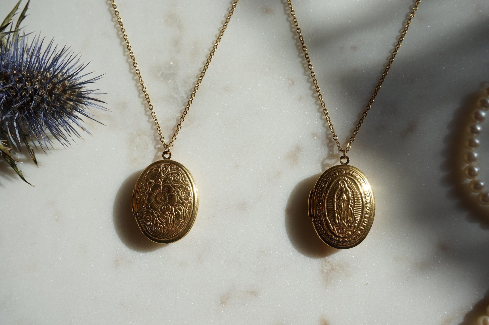Oval Gold Plated Antique Locket Necklace/ Our Lady of Guadalupe / Botanical