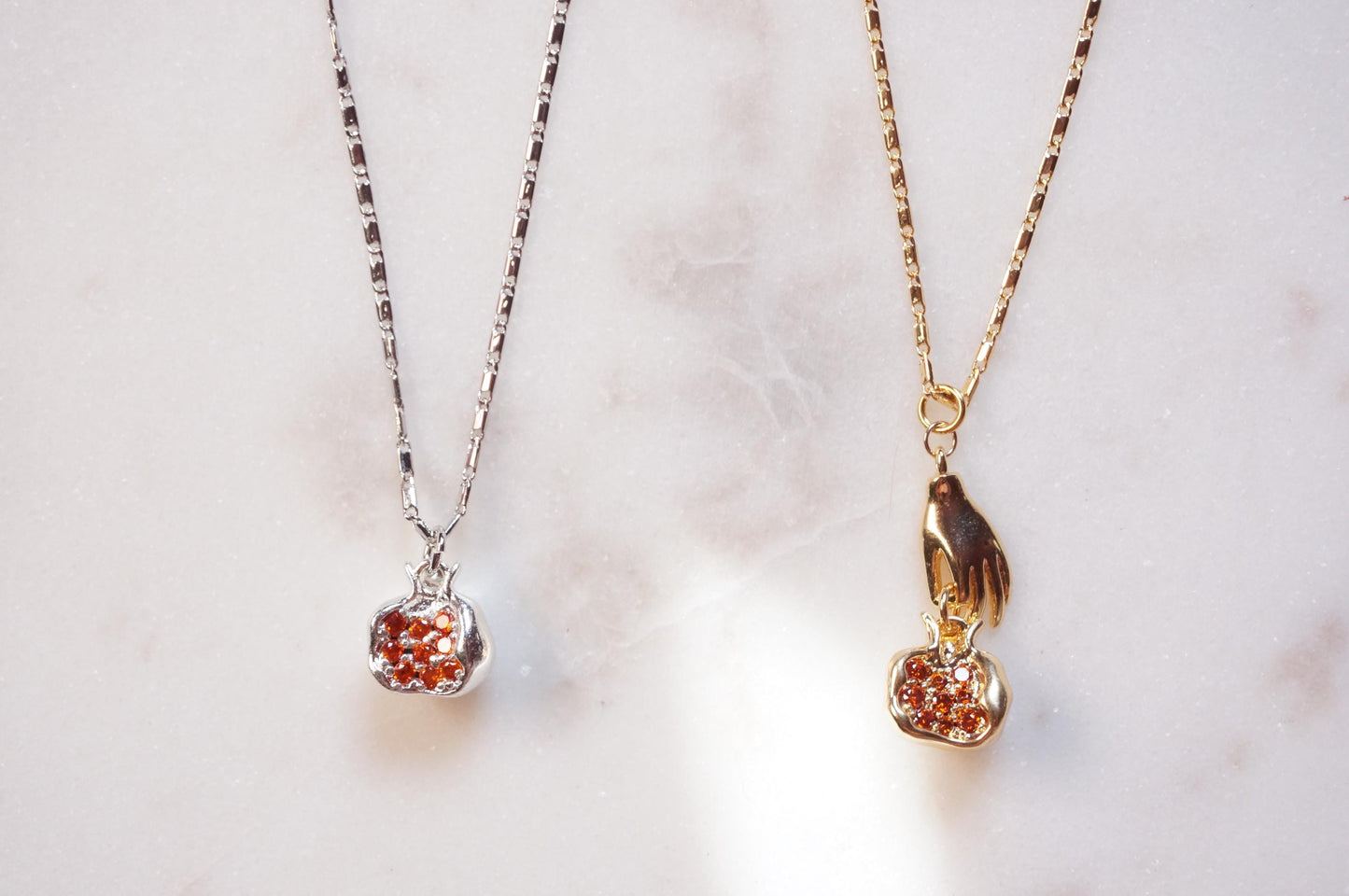 PERSEPHONE Pomegranate/ Hand holding Pomegranate Necklace Gold/Silver / Fruit Necklace