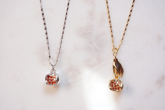 PERSEPHONE Pomegranate/ Hand holding Pomegranate Necklace Gold/Silver / Fruit Necklace