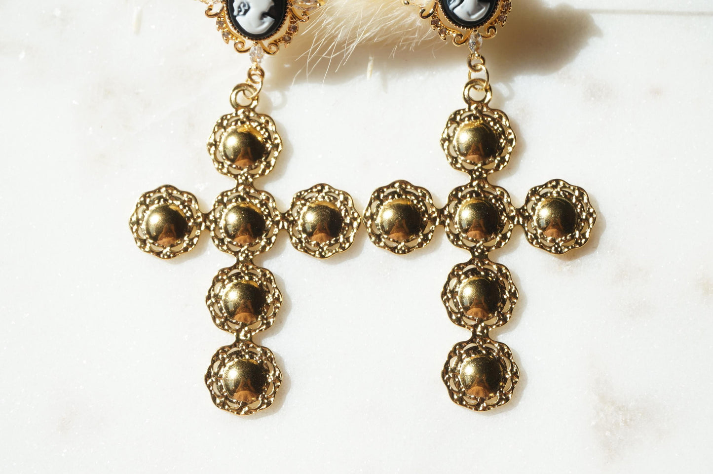 Regina Gold Cameo Statement Cross Earrings