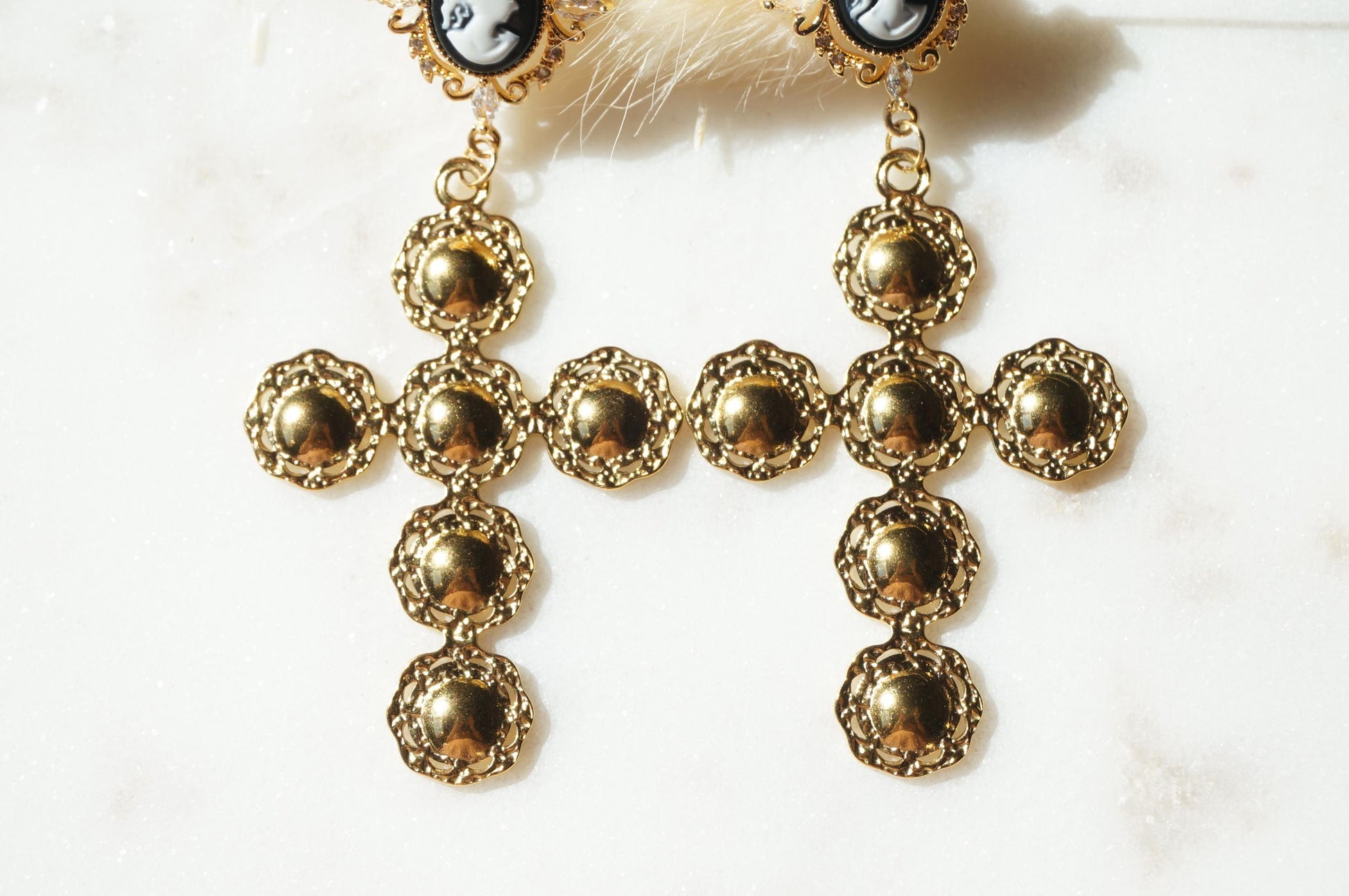 Regina Gold Cameo Statement Cross Earrings