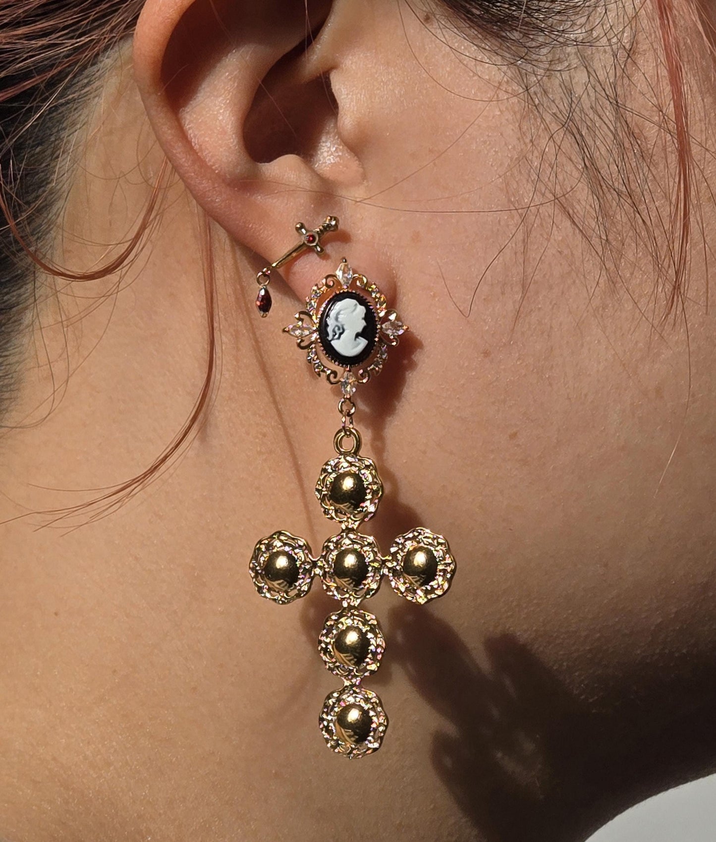 Regina Gold Cameo Statement Cross Earrings