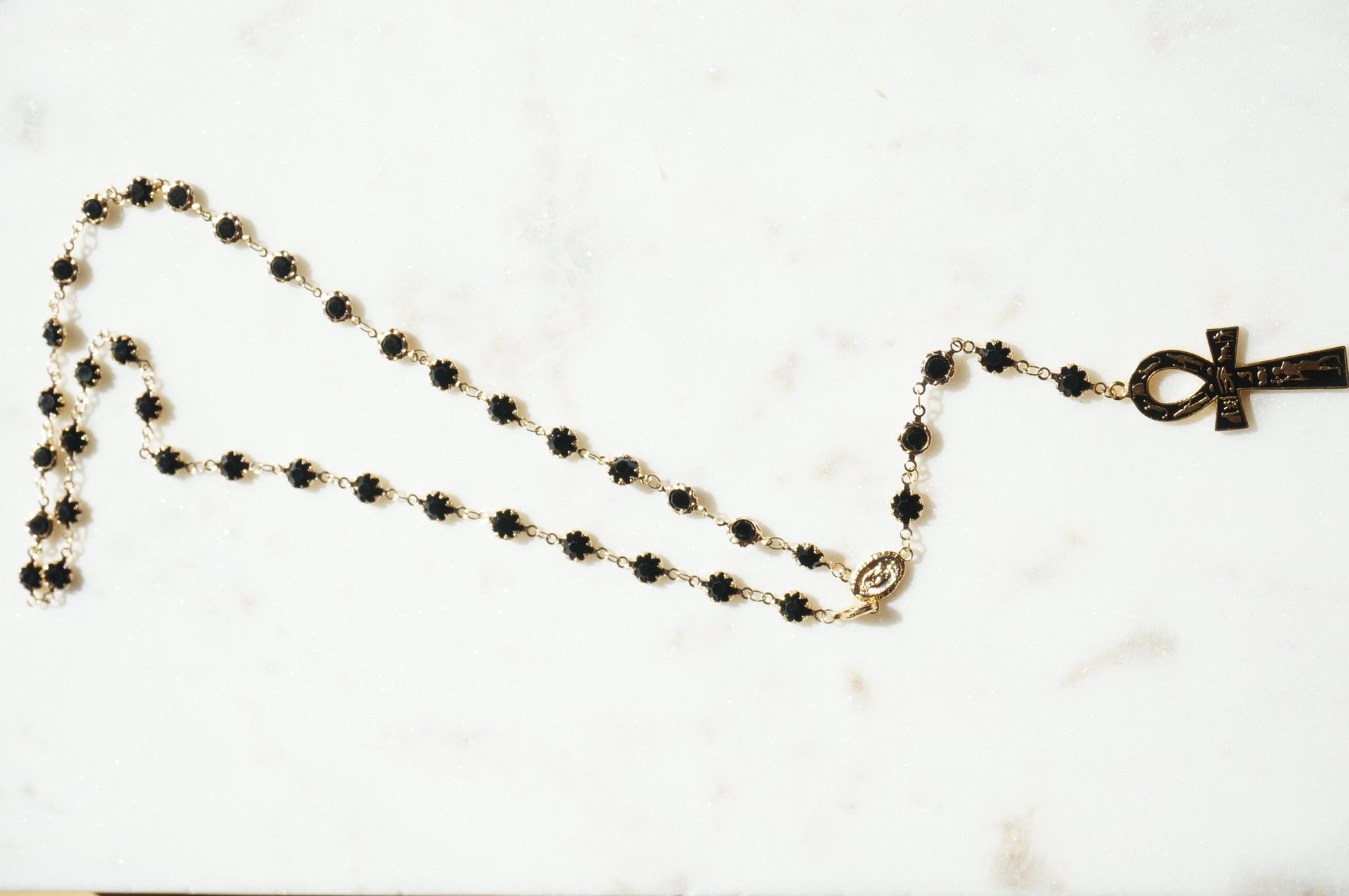 Gold and Black Crystal Ankh Rosary Necklace