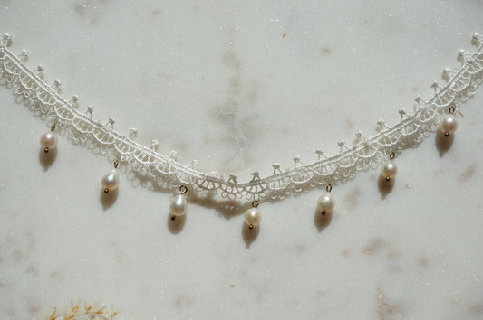 KATE White Lace with Teardrop Freshwater Pearls Choker Necklace