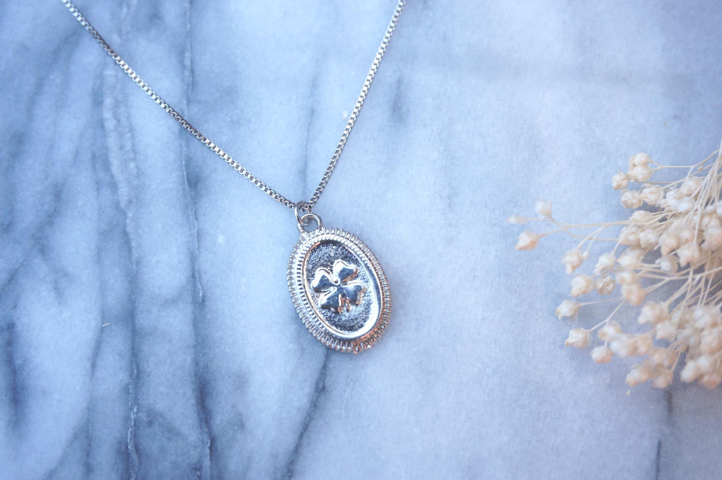 Four Leaf Clover Pendant Medallion Necklace / Silver Medallion Necklace