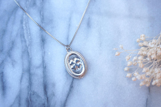 Four Leaf Clover Pendant Medallion Necklace / Silver Medallion Necklace