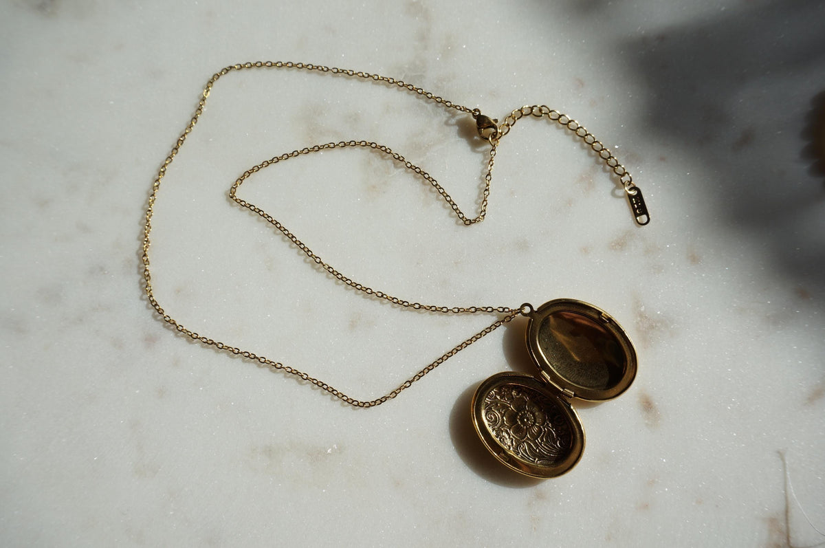 Oval Gold Plated Antique Locket Necklace/ Our Lady of Guadalupe / Botanical