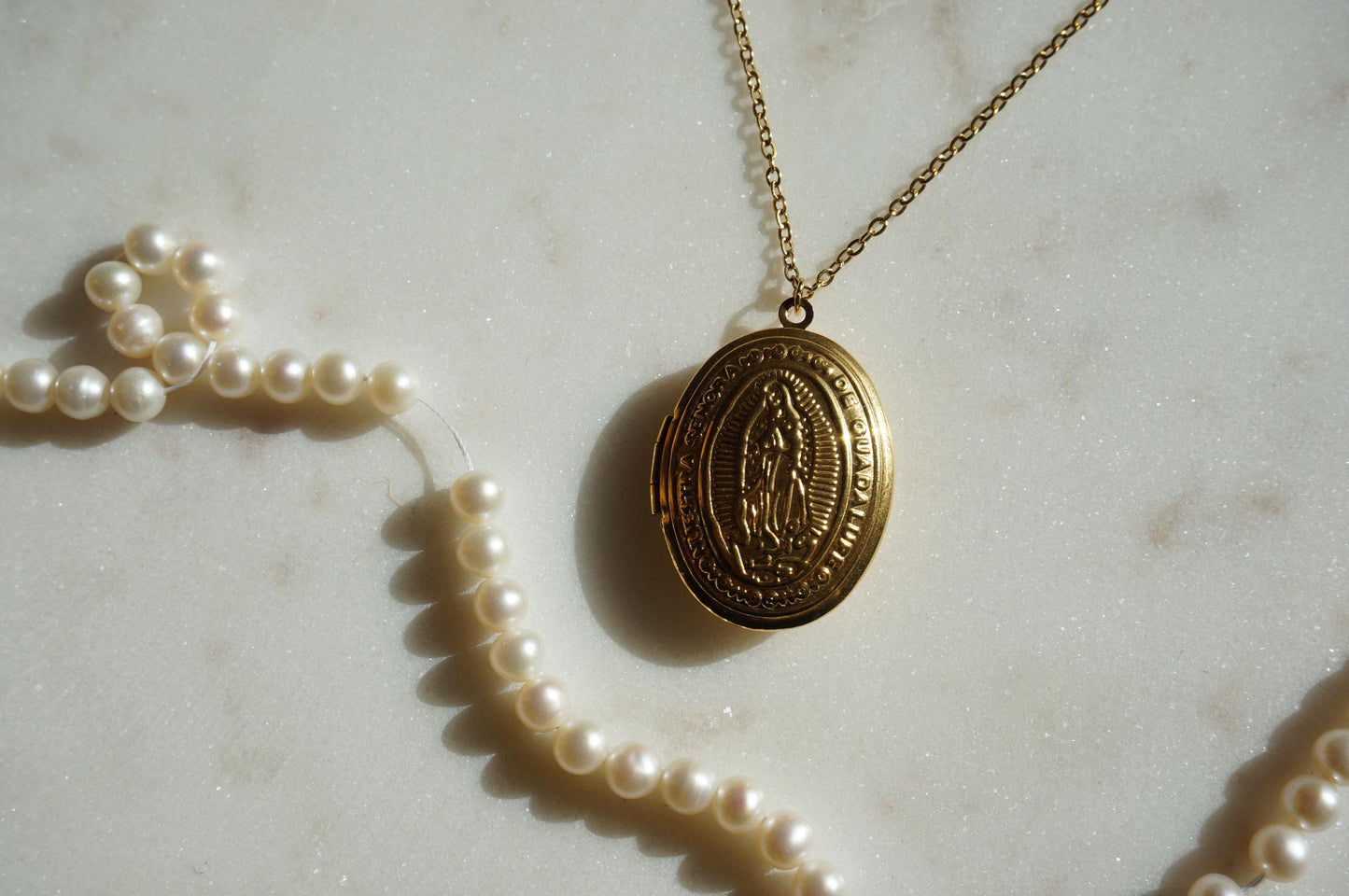 Oval Gold Plated Antique Locket Necklace/ Our Lady of Guadalupe / Botanical