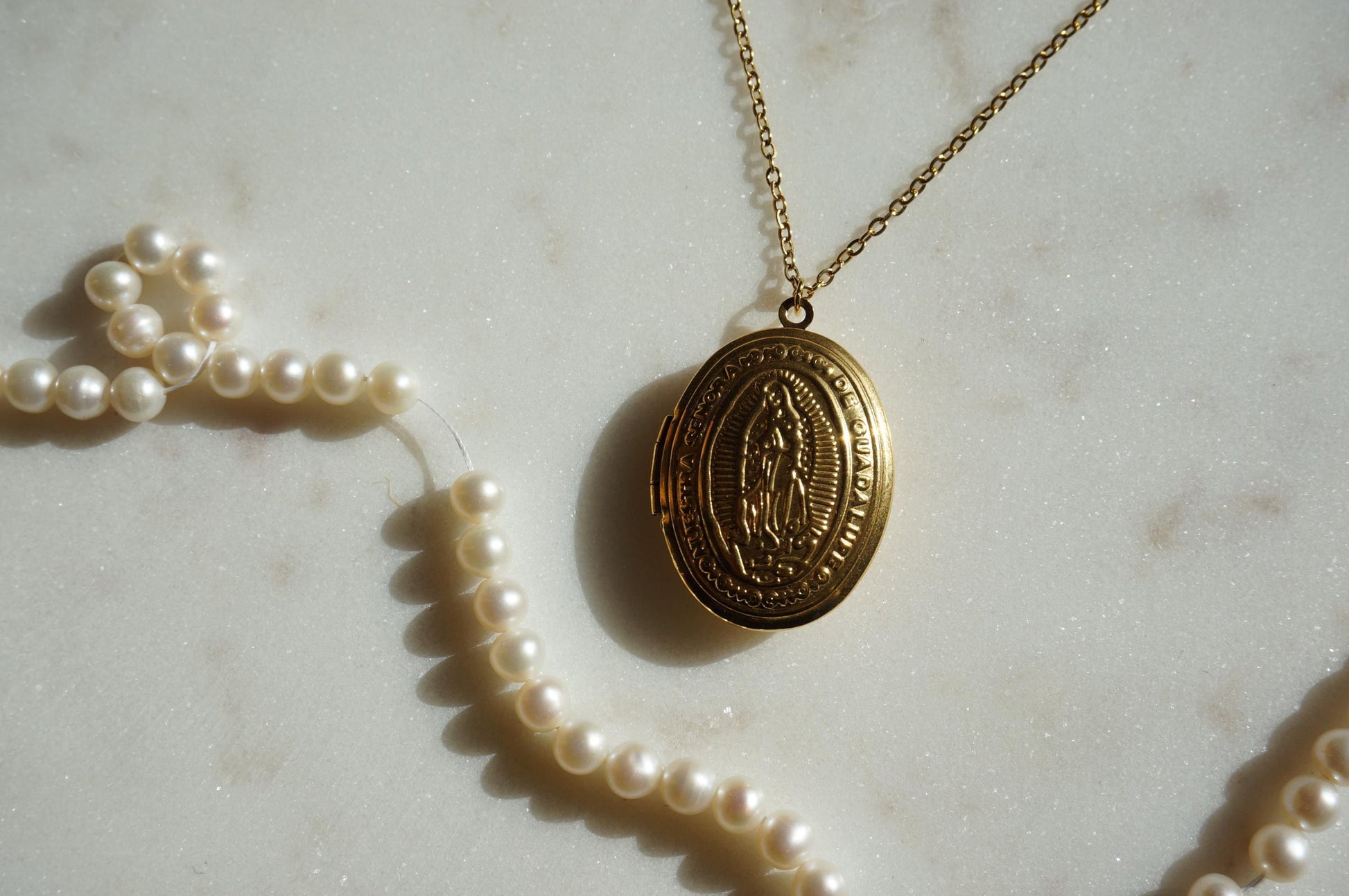 Oval Gold Plated Antique Locket Necklace/ Our Lady of Guadalupe / Botanical