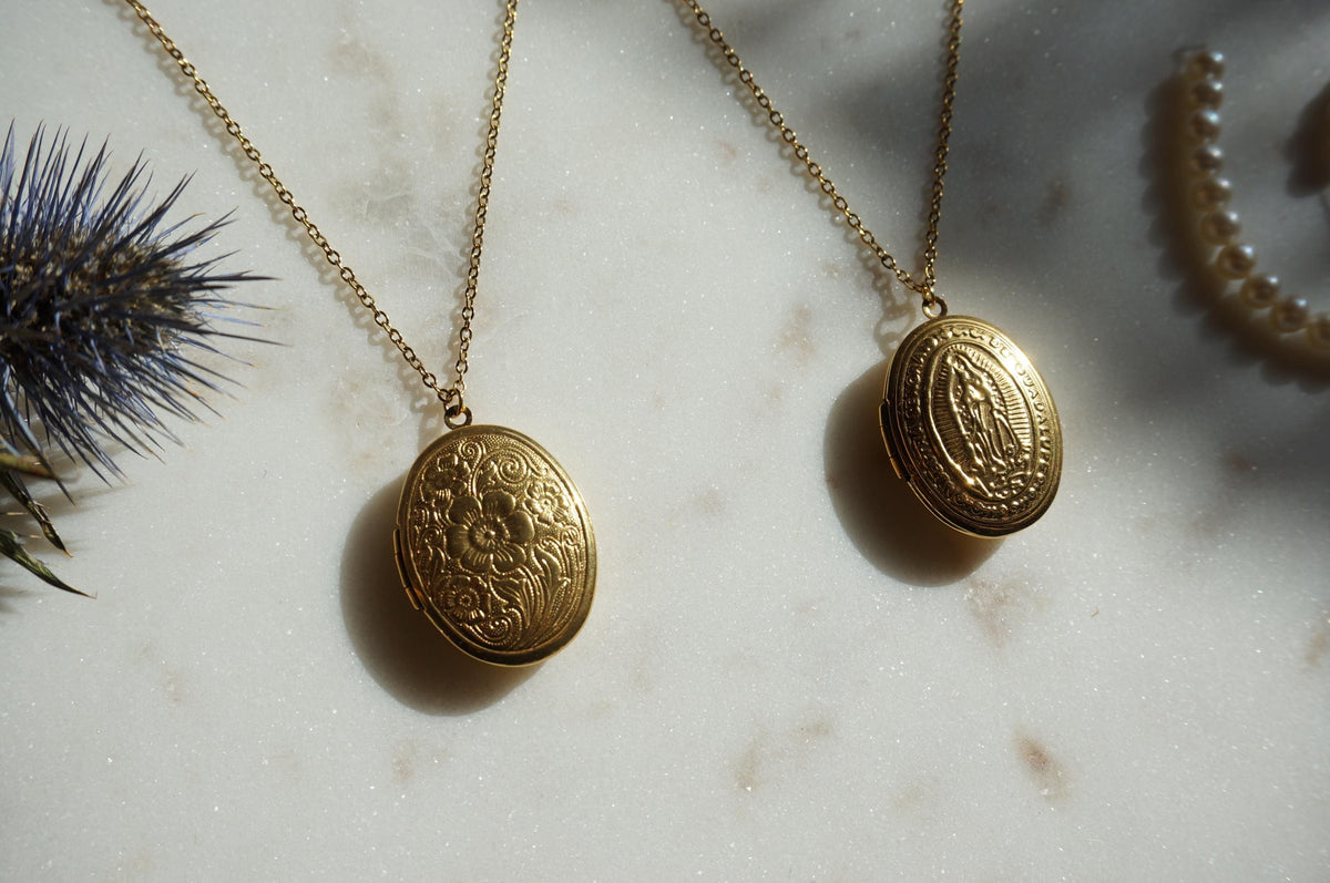 Oval Gold Plated Antique Locket Necklace/ Our Lady of Guadalupe / Botanical