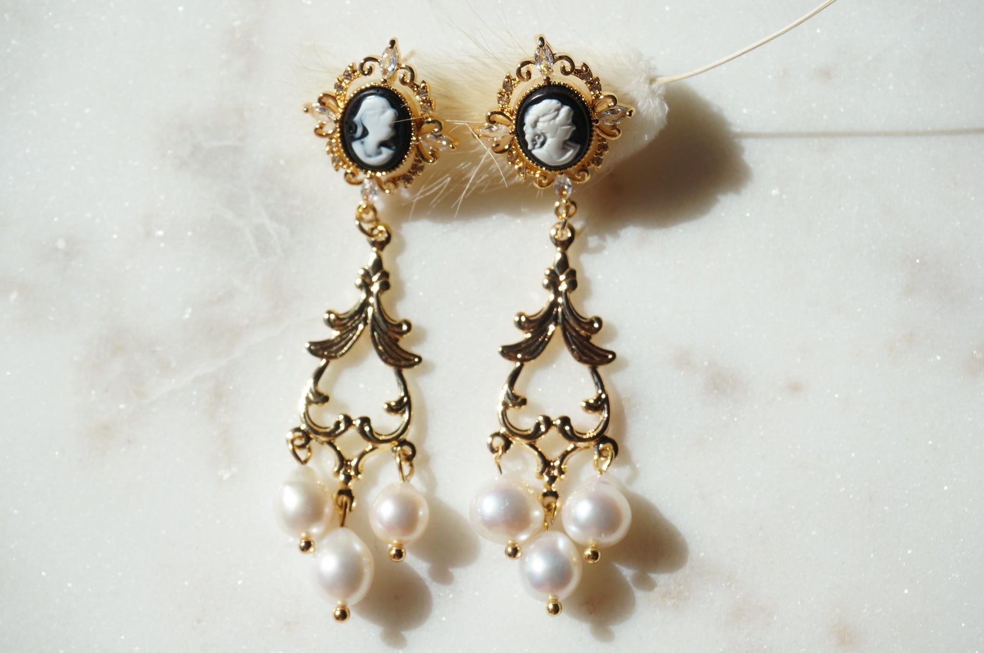 Beatrice Gold Victorian Cameo Filigree Genuine Pearl Earrings