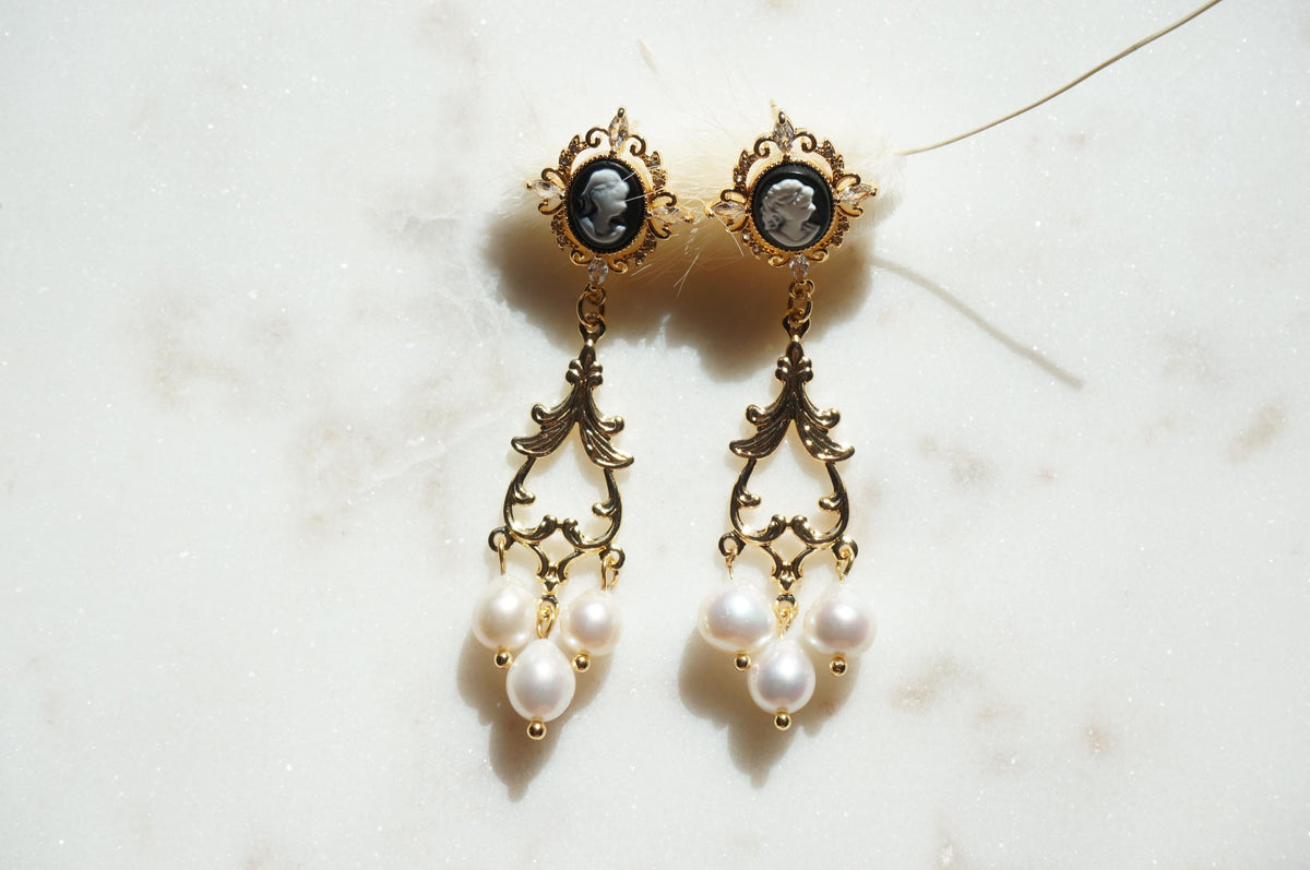 Beatrice Gold Victorian Cameo Filigree Genuine Pearl Earrings
