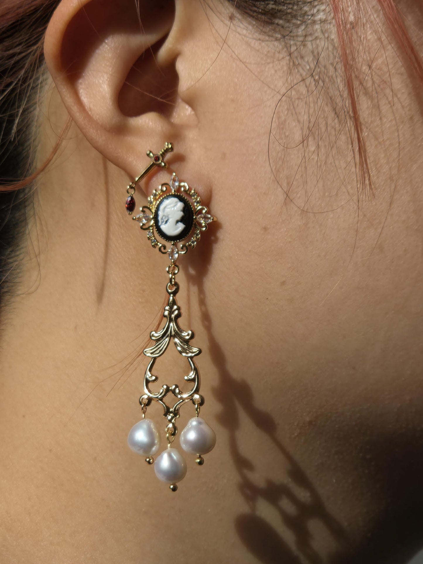 Beatrice Gold Victorian Cameo Filigree Genuine Pearl Earrings