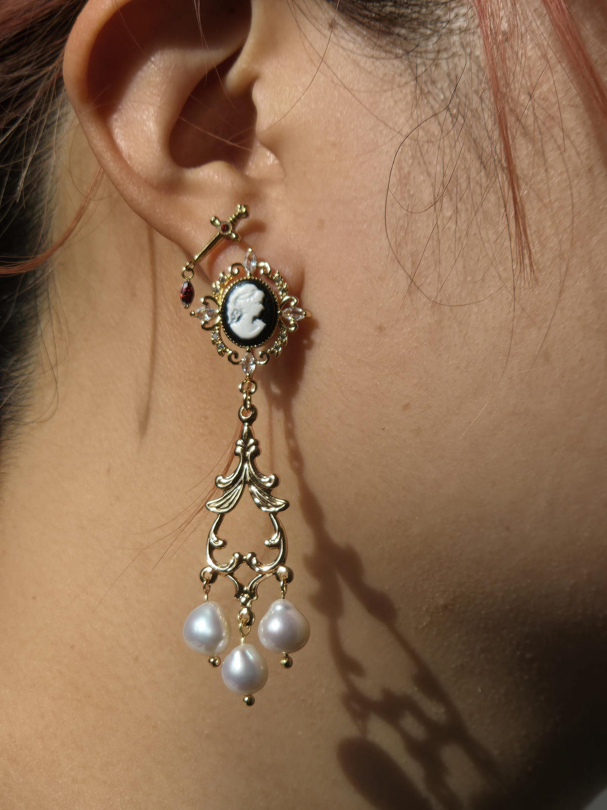 Beatrice Gold Victorian Cameo Filigree Genuine Pearl Earrings