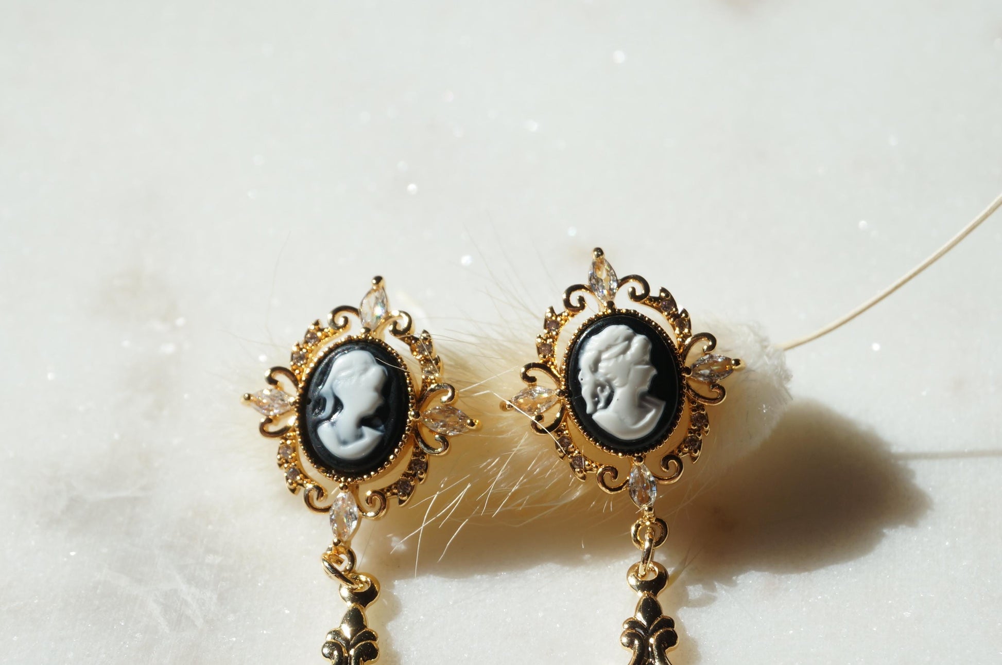 Beatrice Gold Victorian Cameo Filigree Genuine Pearl Earrings