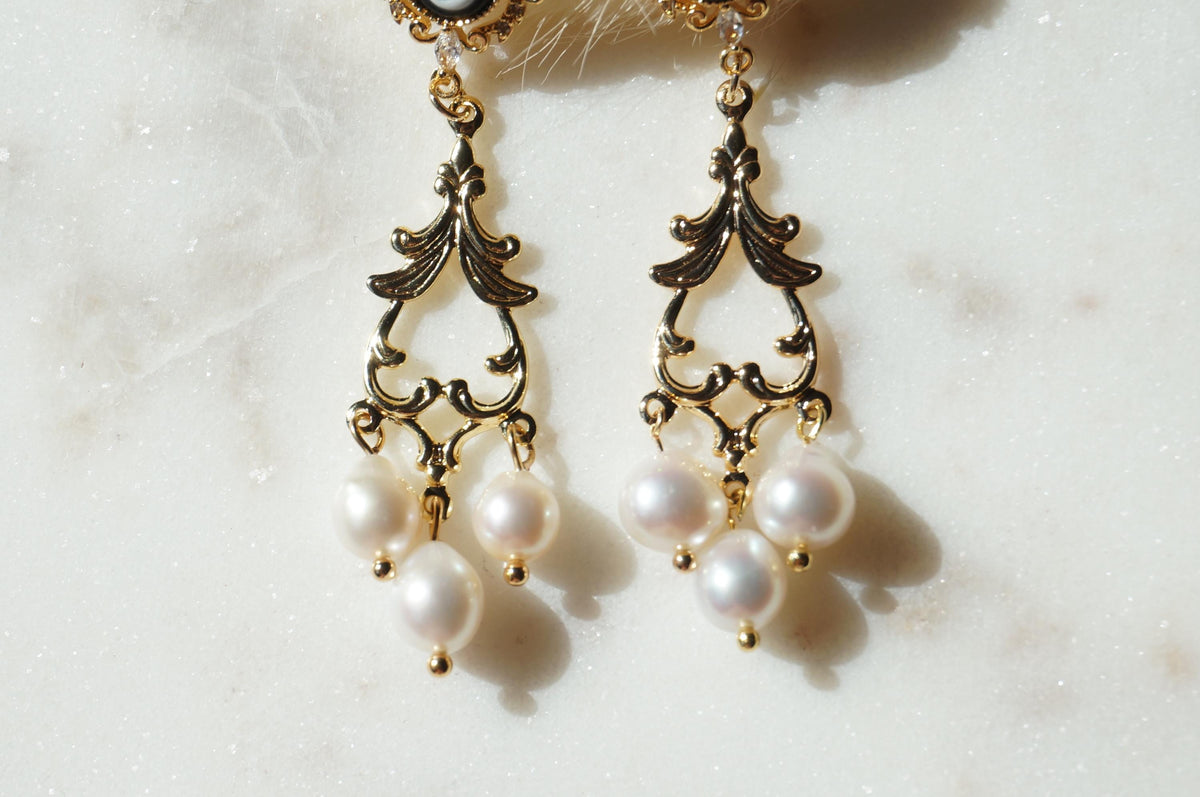 Beatrice Gold Victorian Cameo Filigree Genuine Pearl Earrings