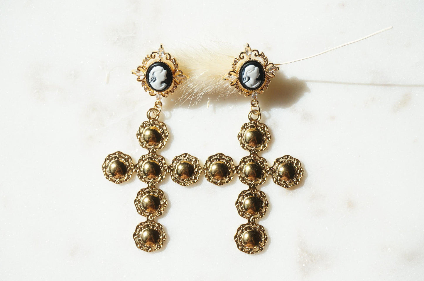 Regina Gold Cameo Statement Cross Earrings