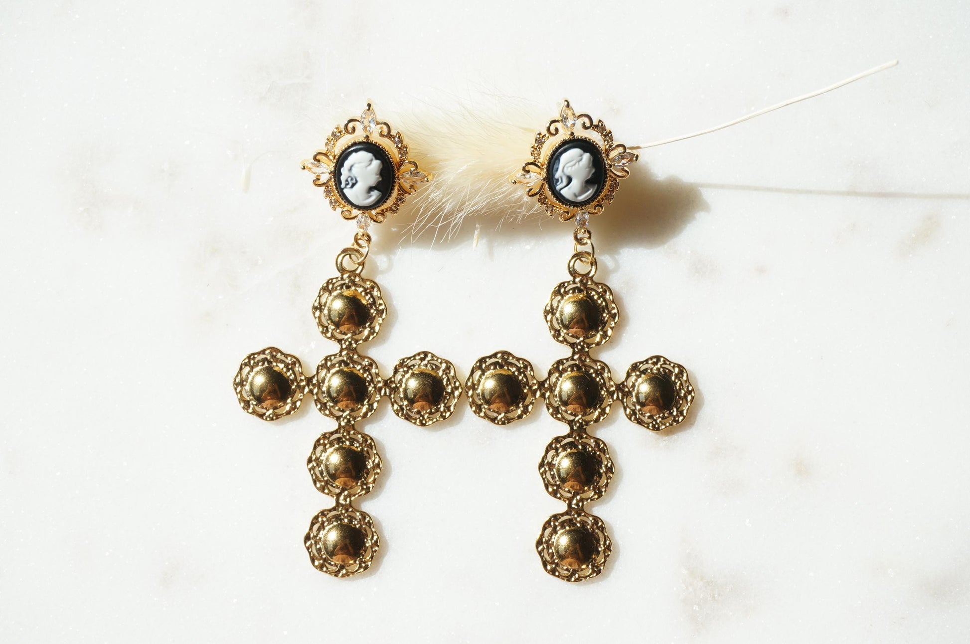 Regina Gold Cameo Statement Cross Earrings