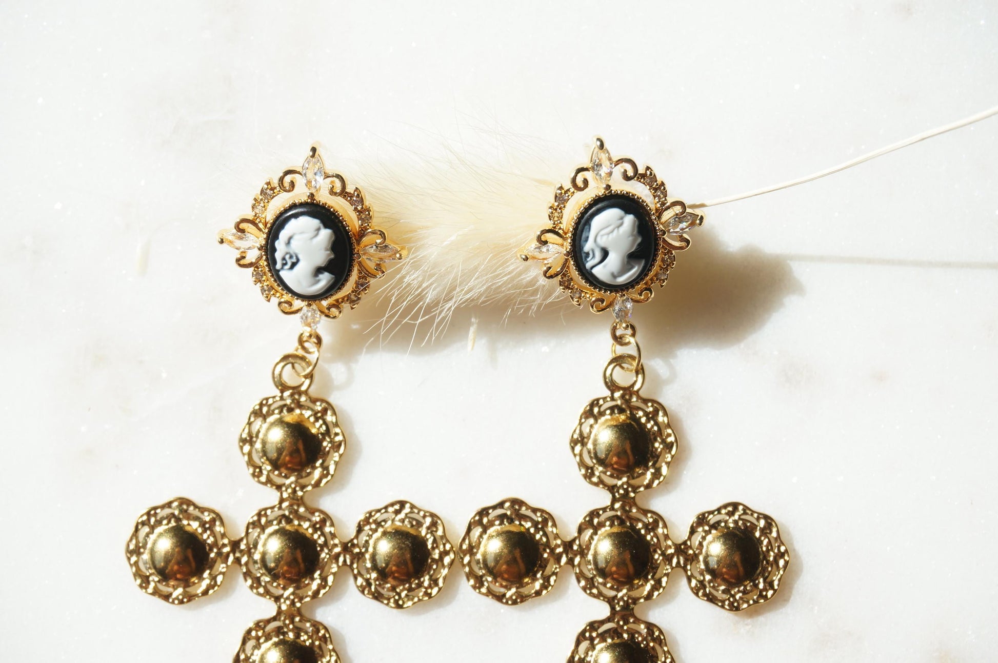Regina Gold Cameo Statement Cross Earrings