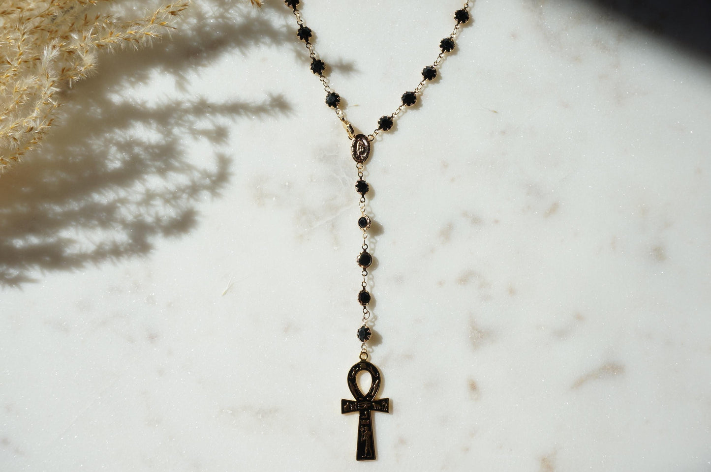 Gold and Black Crystal Ankh Rosary Necklace