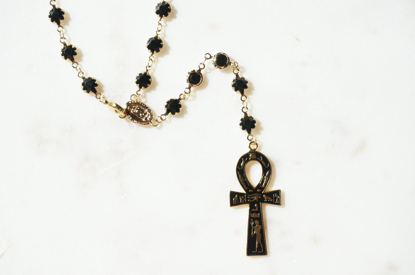 Gold and Black Crystal Ankh Rosary Necklace