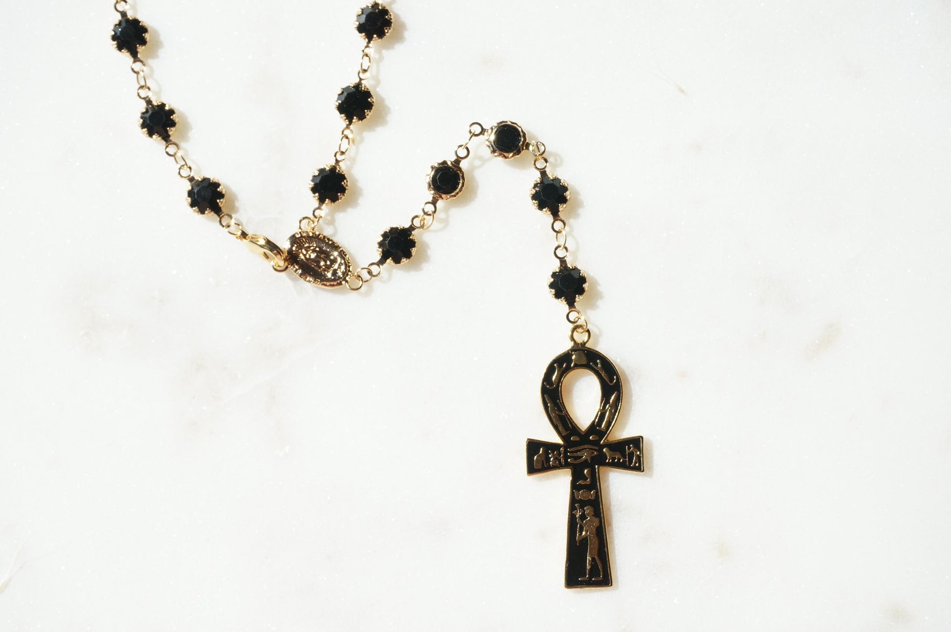 Gold and Black Crystal Ankh Rosary Necklace